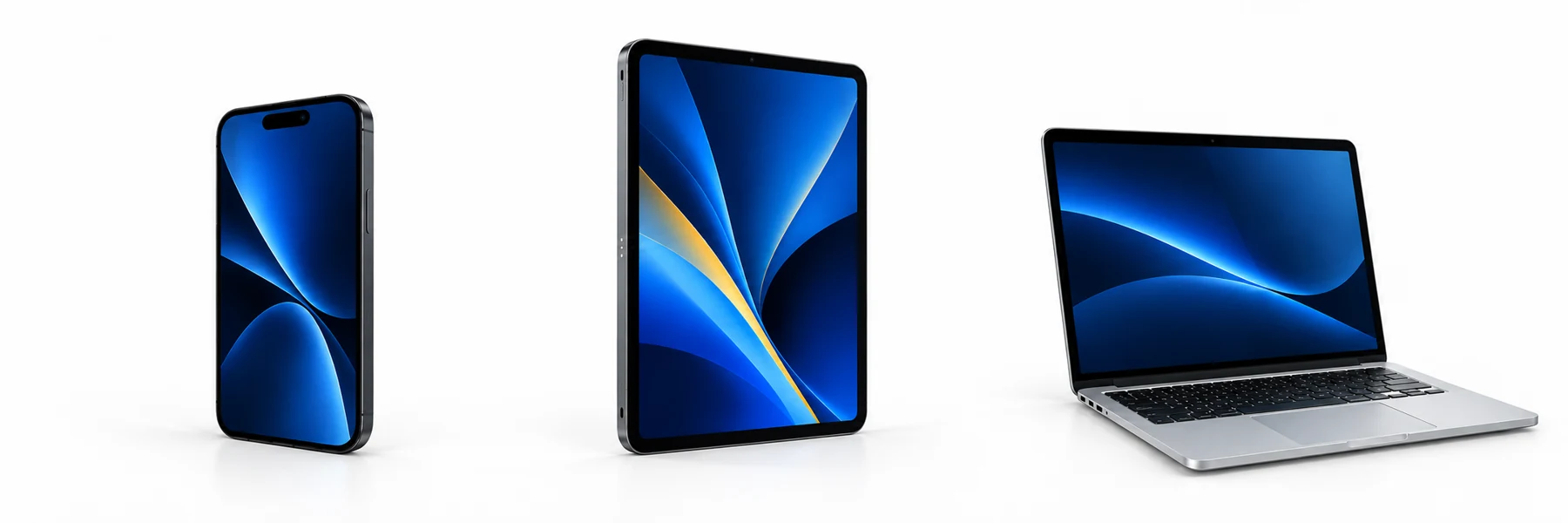 Illustrative smartphone, tablet and laptop with blue screens