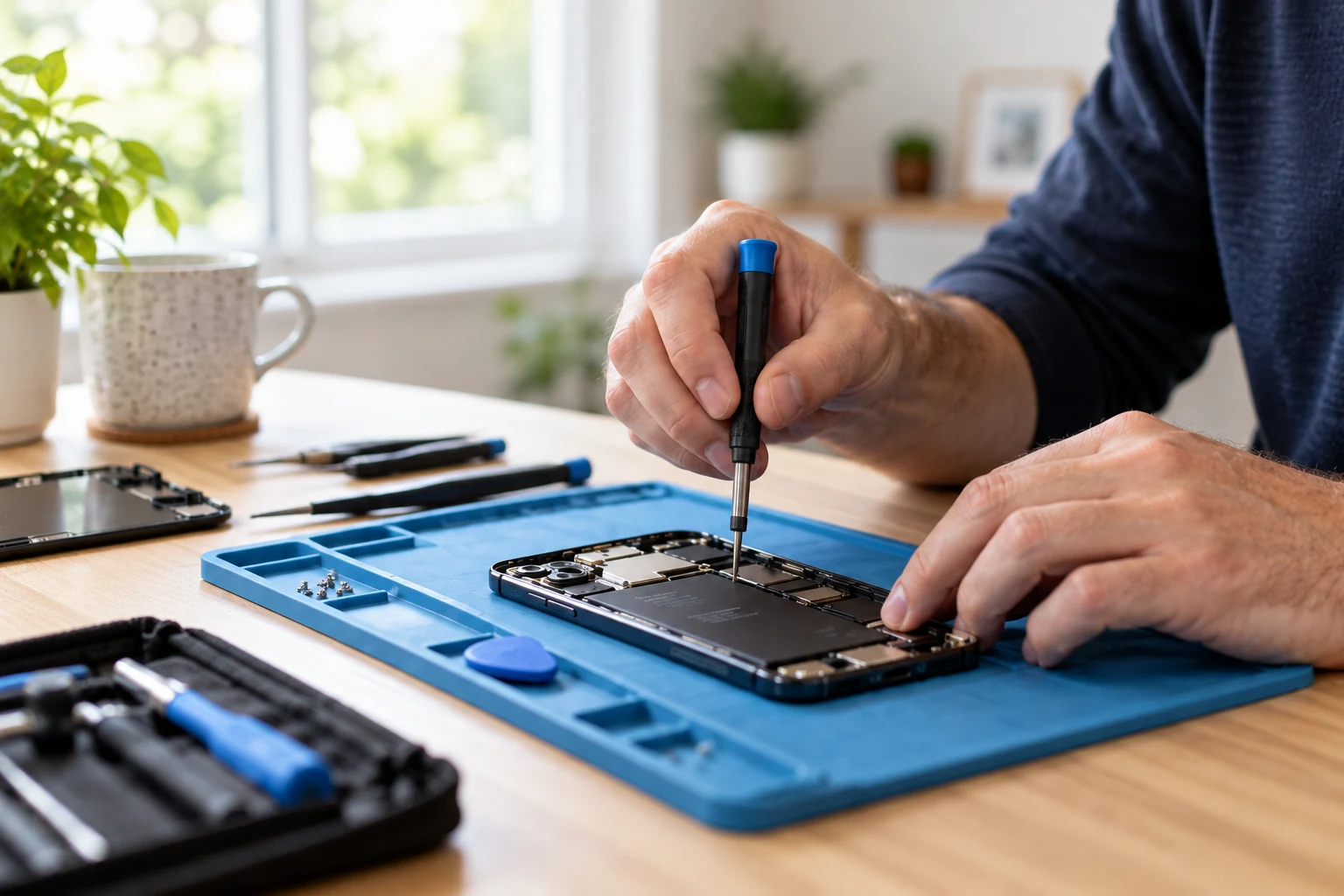 Illustrative close-up of a phone being repaired on a blue work mat
