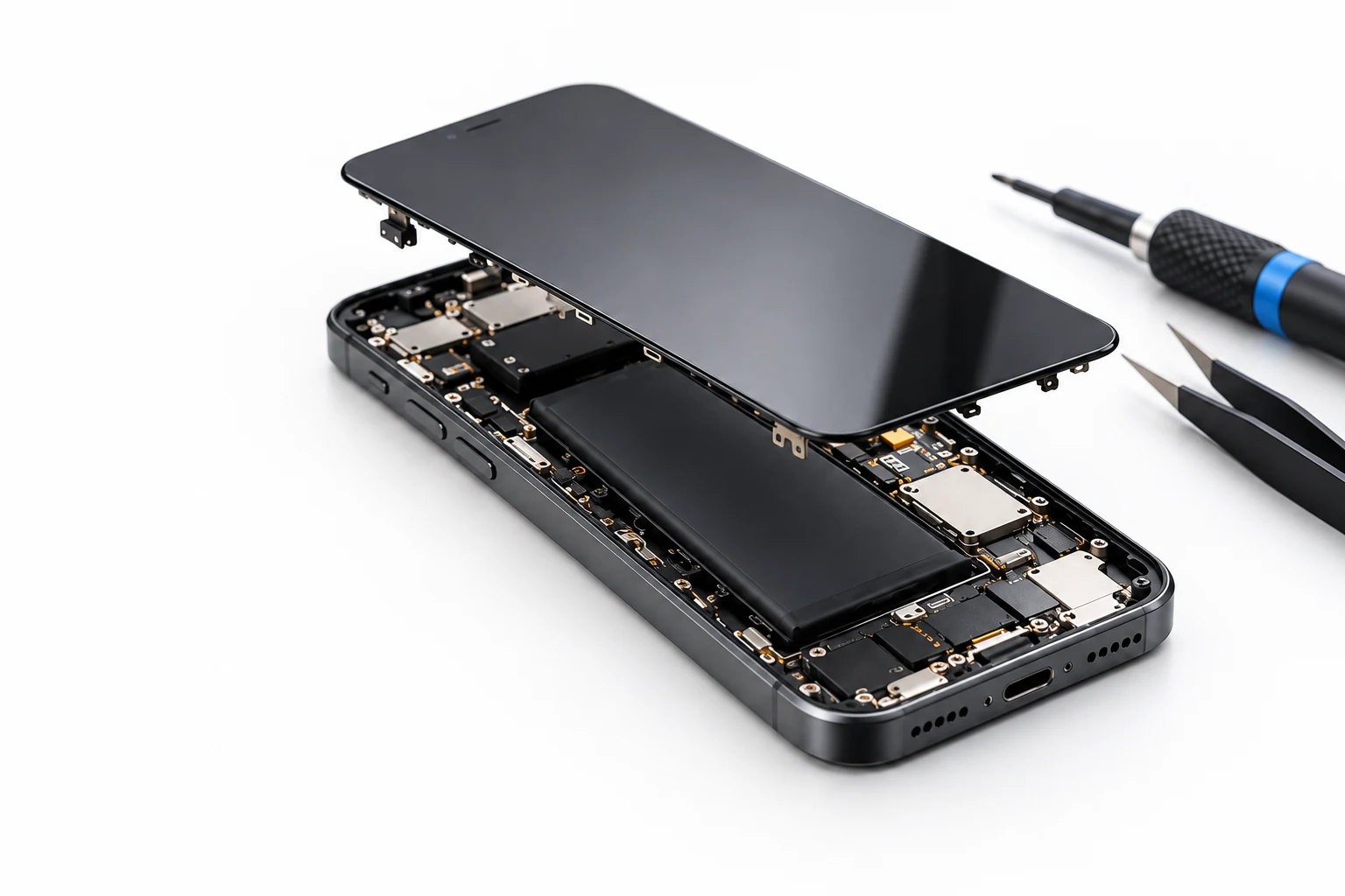 Illustration of an opened smartphone with its display lifted above the internal components